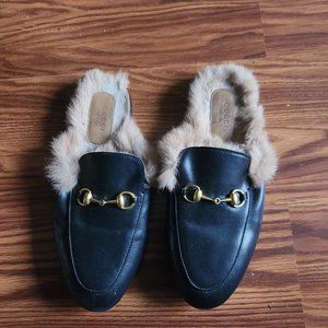 Gucci Black Princetown Horsebit Fur Lined Mules